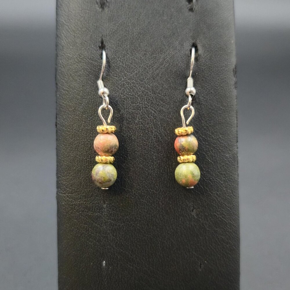 Silver And Gold Plated Unakite Stone Earrings A6925